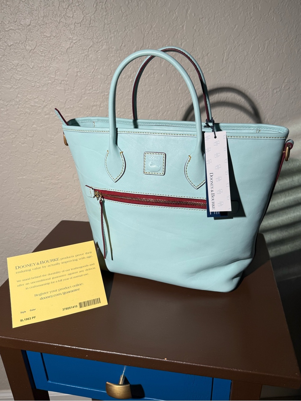Dooney & Bourke Florentine Handle Tote – Pale Blue & Dark Red ($498)